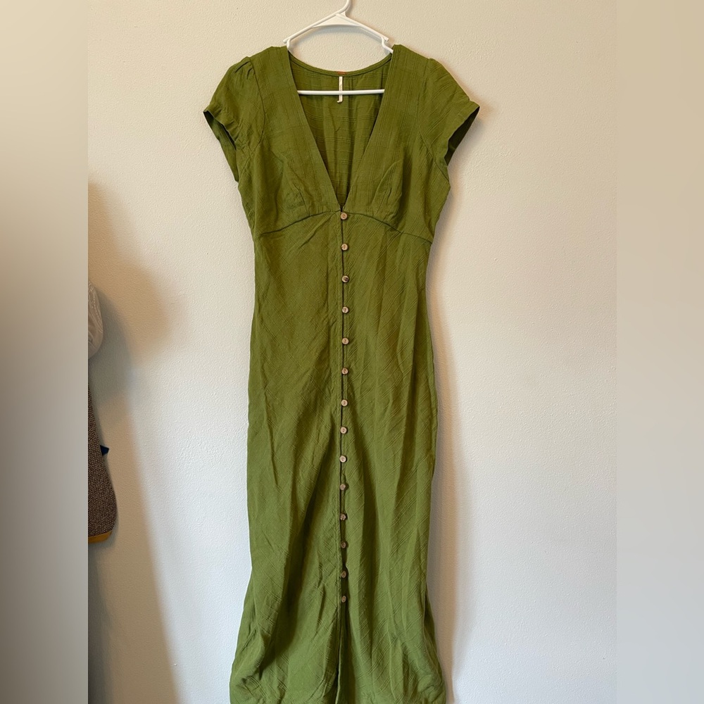 Free People cotton button up ankle length maxi baby sleeve plunge neck dress